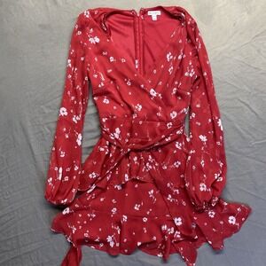 Women Nordstorm Love Fire Red Long Sleeve Floral Flowy Boho Tie Waist Low V Neck